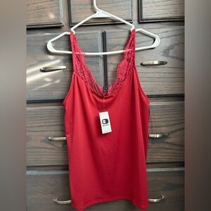 Red blouse with lace trim